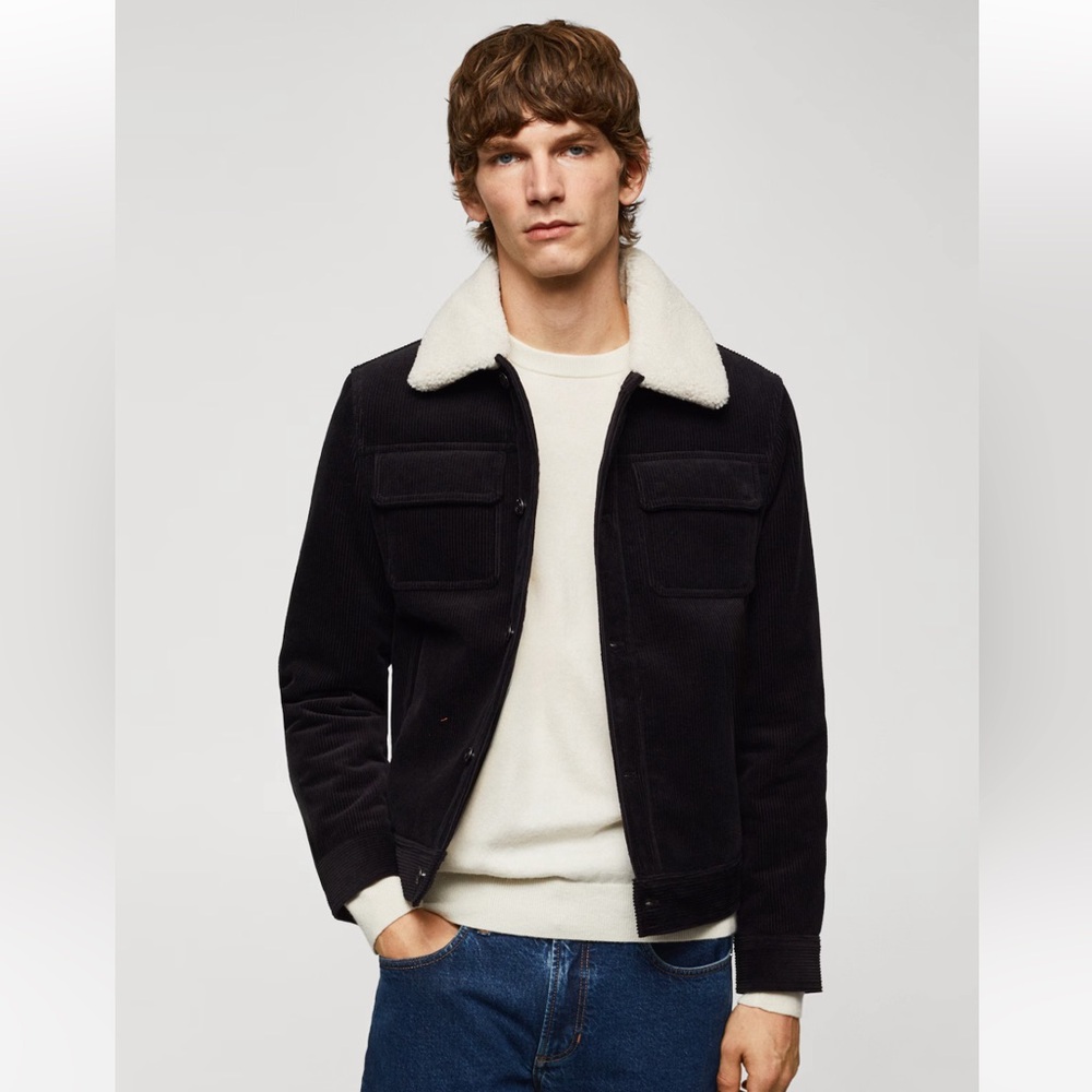Mango Black Corduroy Jacket with Cream Sherpa Collar